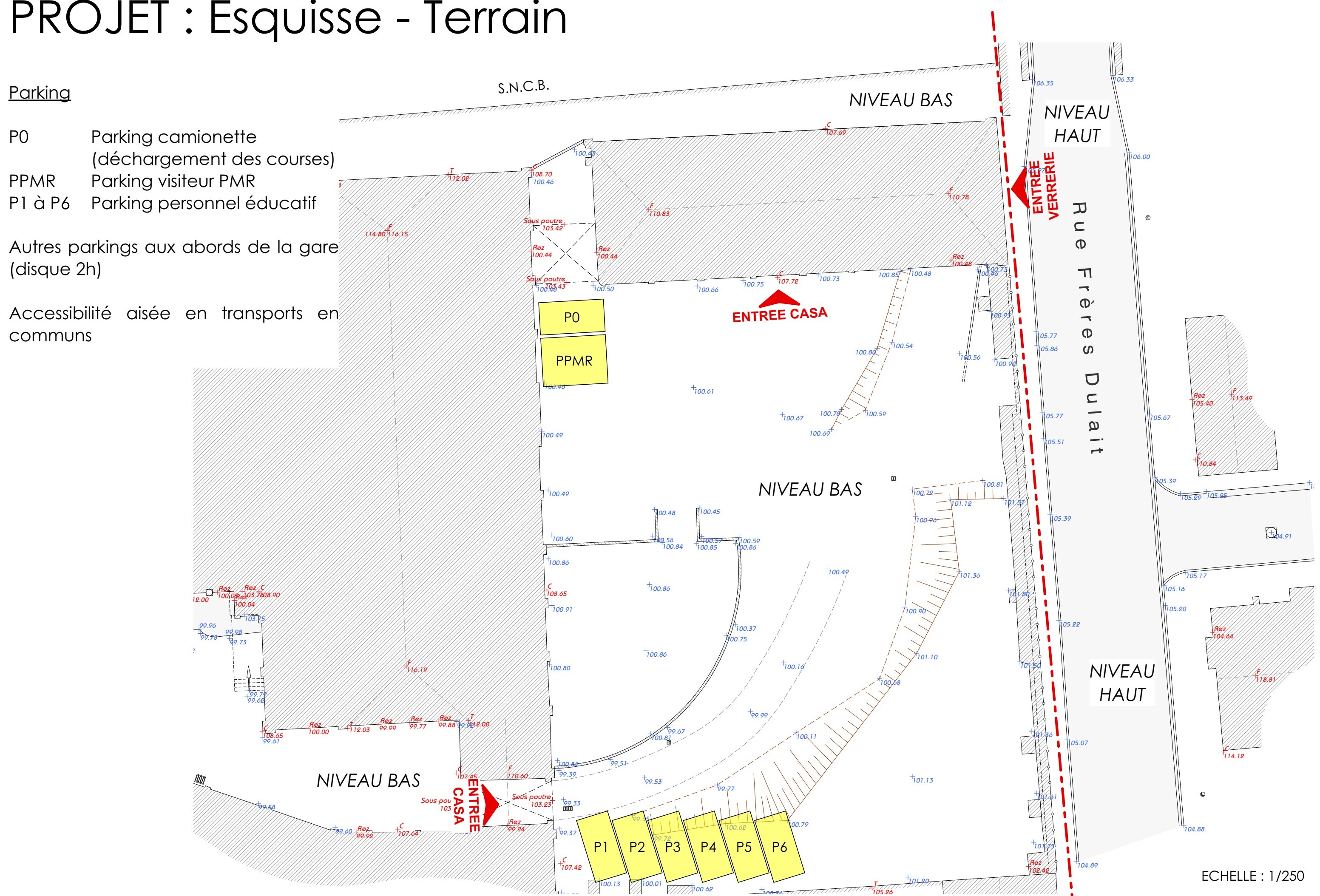 Esquisse du terrain de La Verrerie avec entrées et parkings